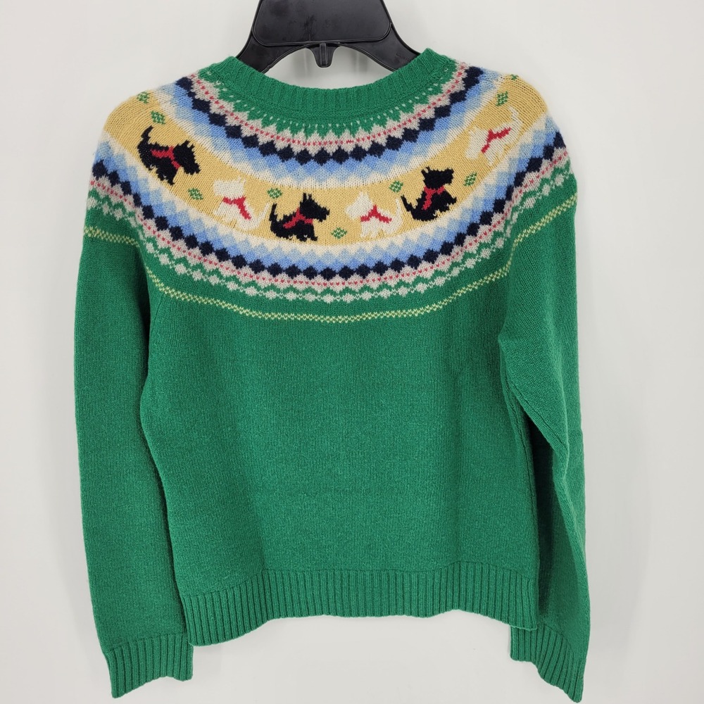 L.L. Bean Scottie Dog Fair Isle Cardigan Women XS Green lambs Wool Sweater vtg - Picture 5 of 7